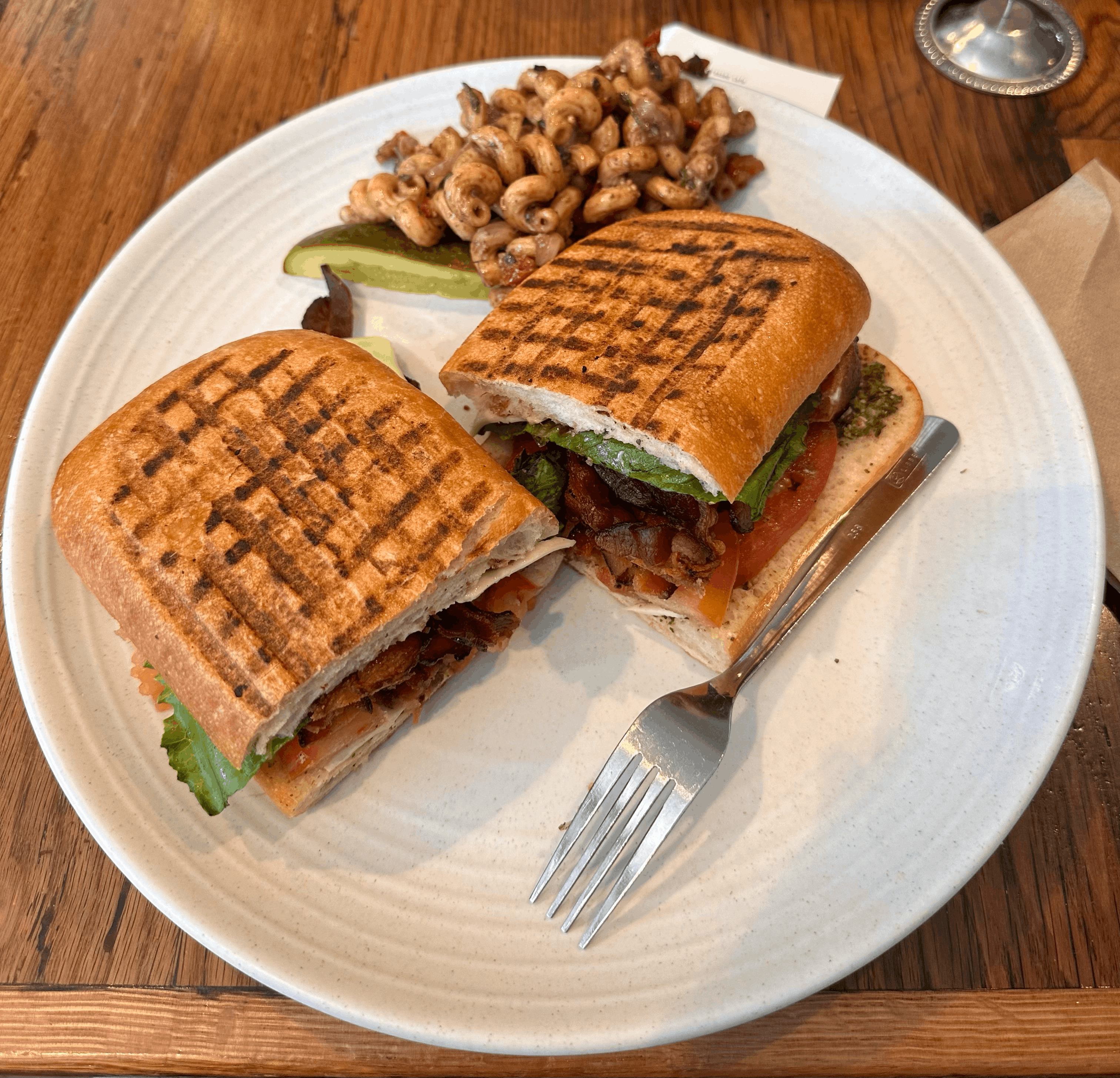 pressed goat cheese BLT panini and side of pasta salad