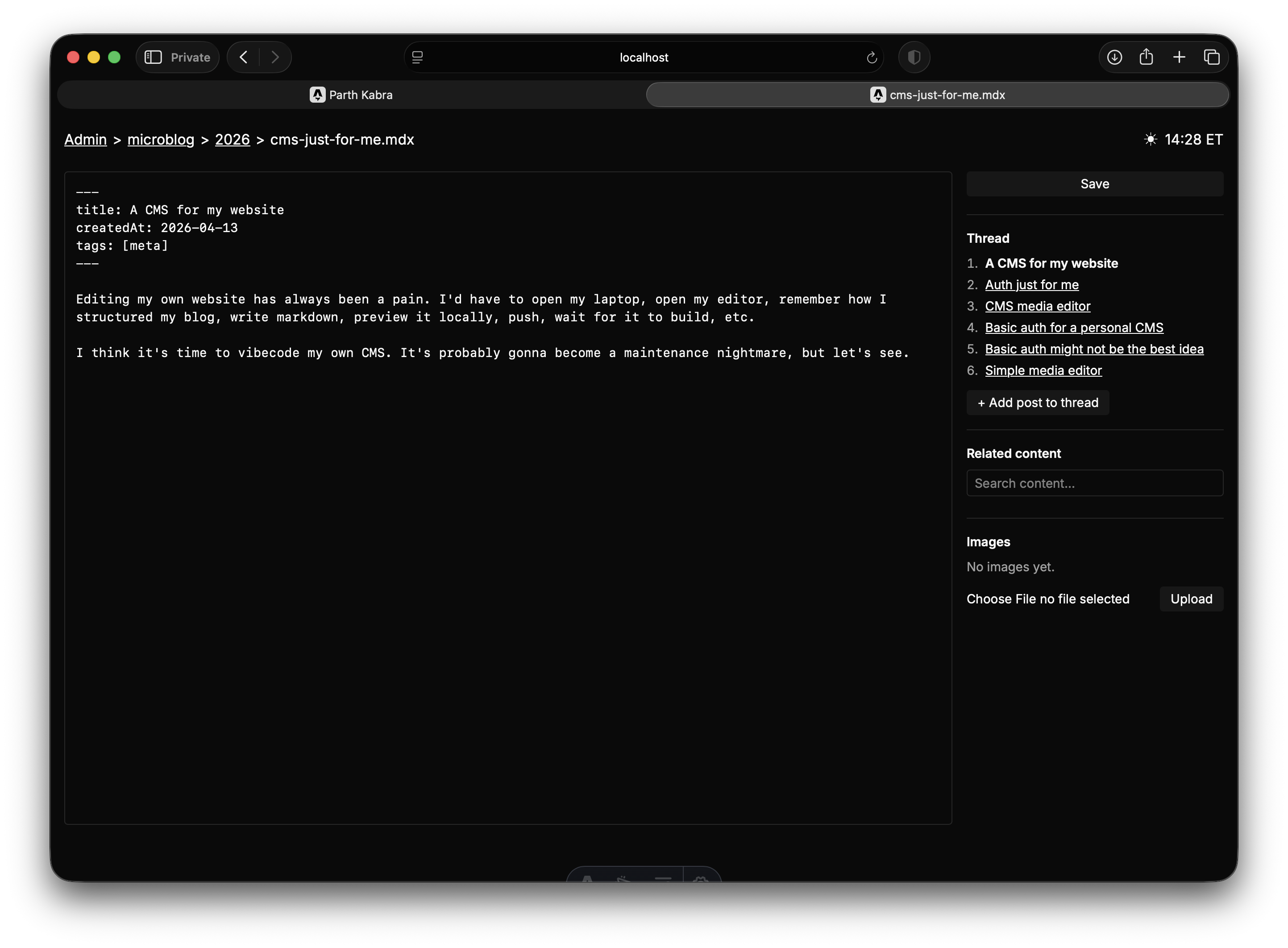 CMS thread viewer listing microblog posts in a thread