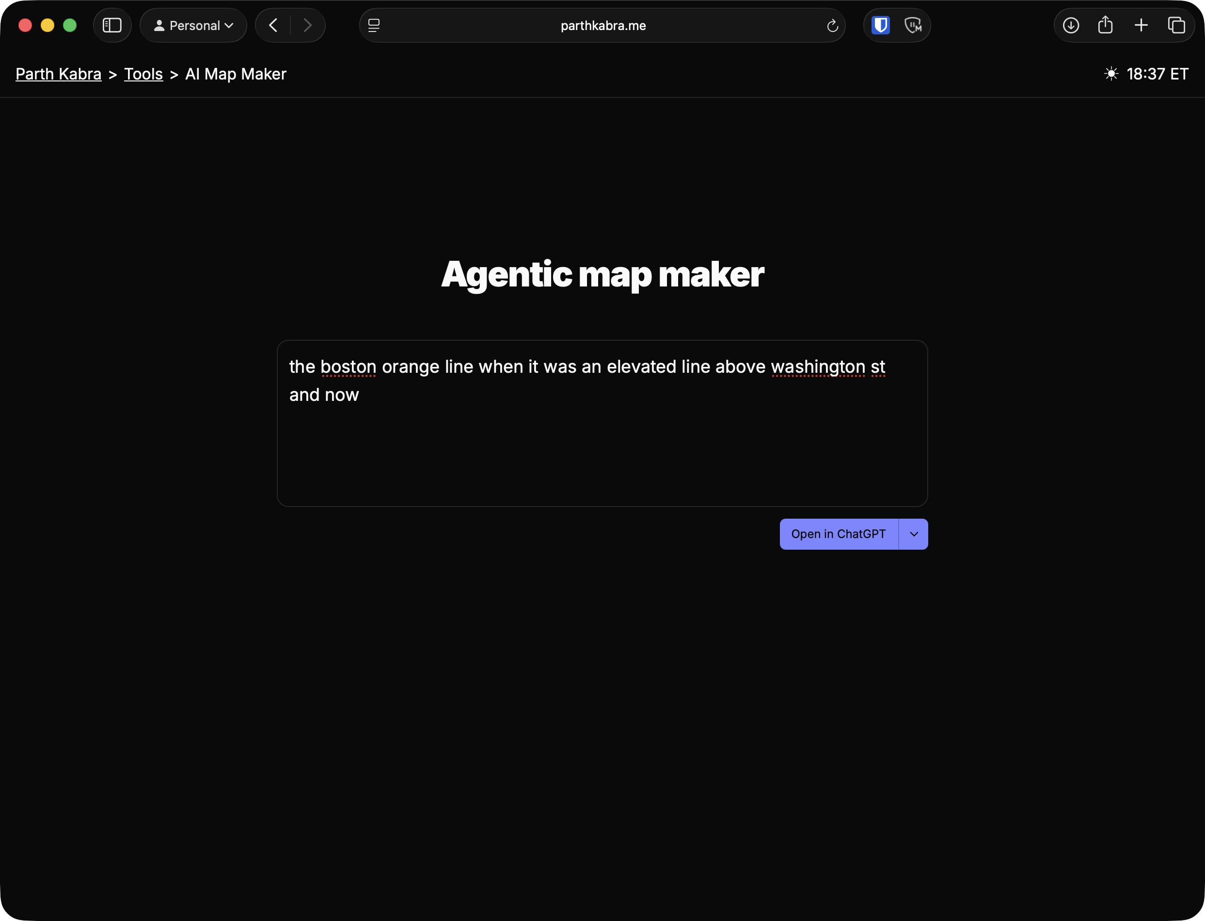AI demo with the prompt "the boston orange line when it was an elevated line above washington st and now" to make a map