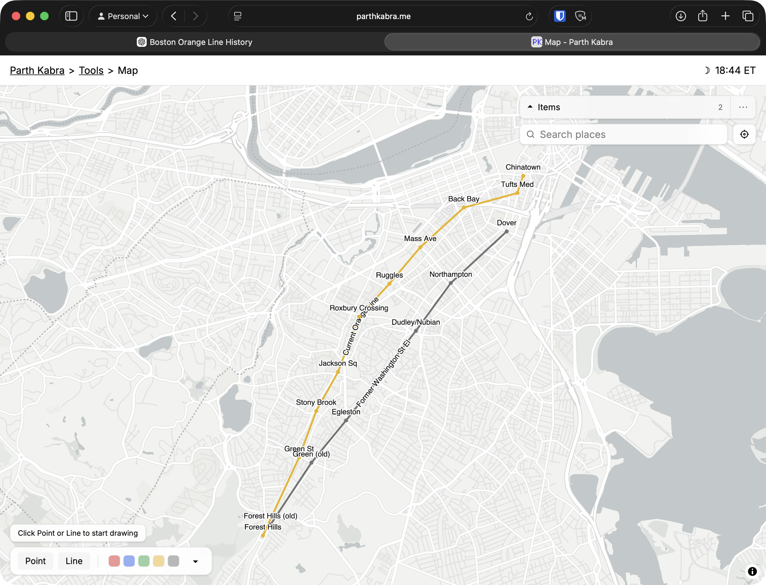 output AI map of the old elevated orange line alongside the new orange line