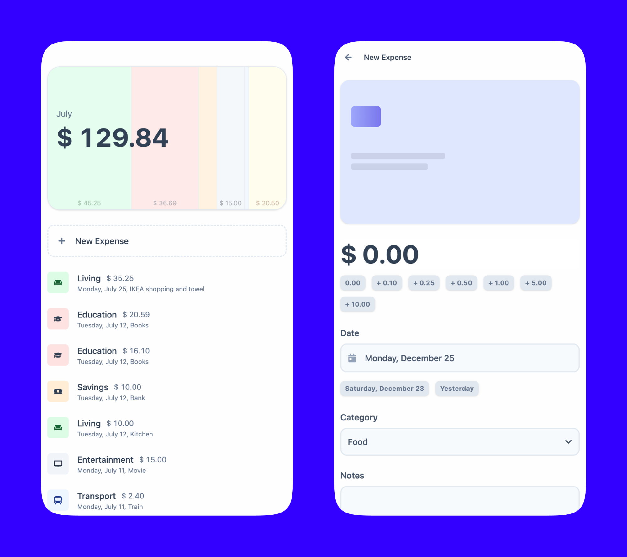 Expenses app UI prototype