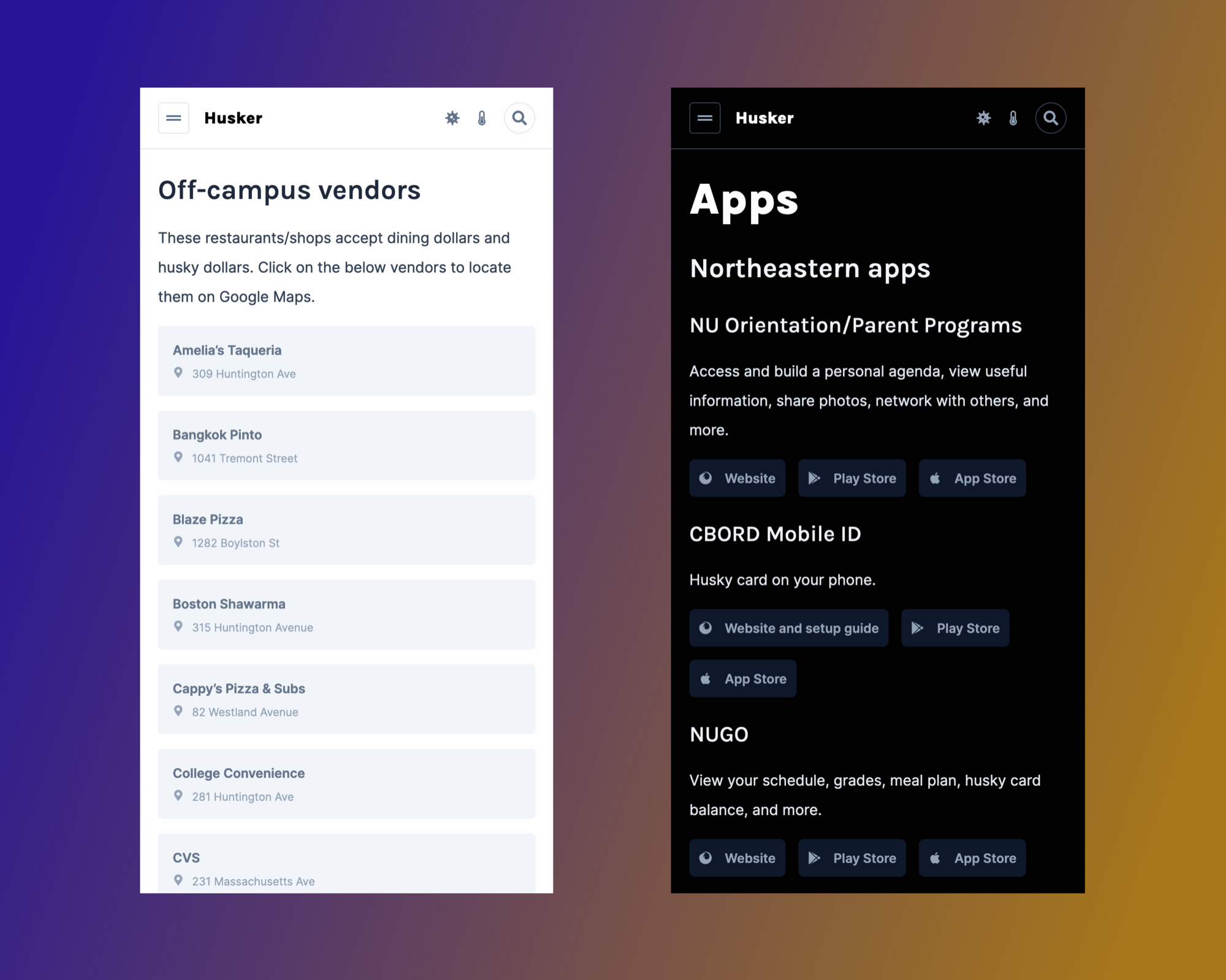 Husker mobile navigation