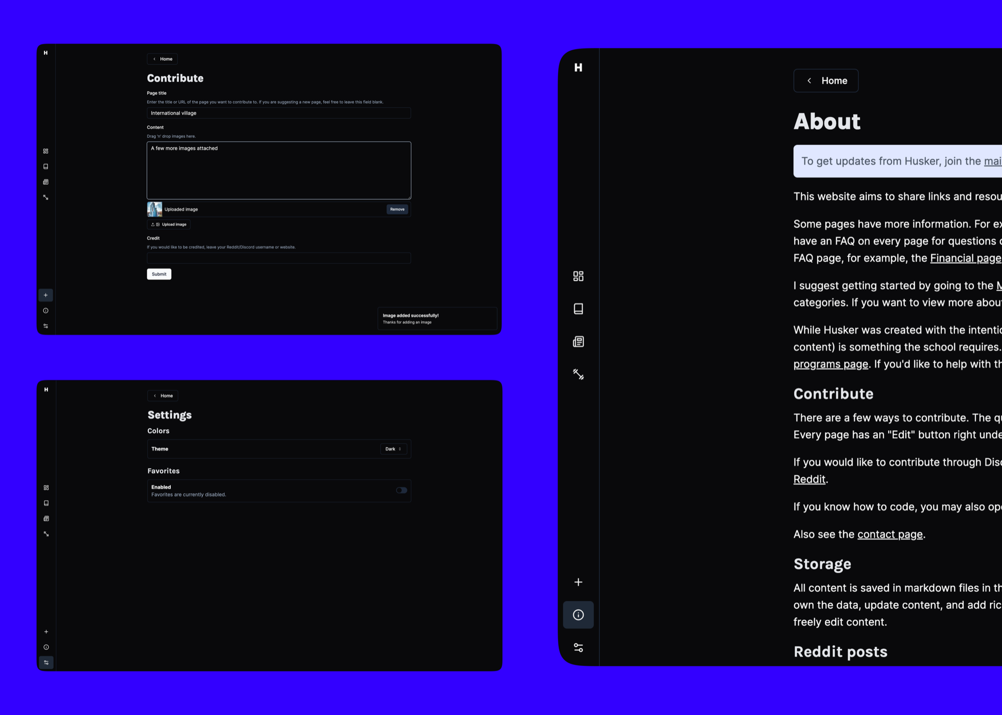 Husker settings page