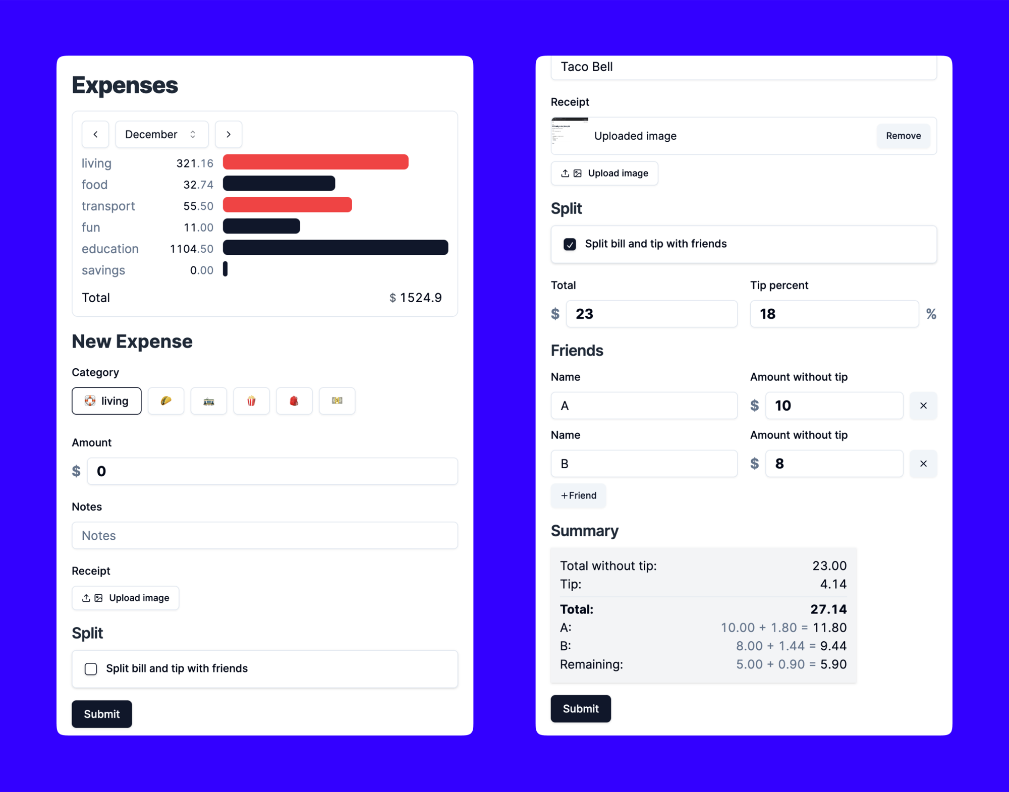 Personal expenses app dashboard