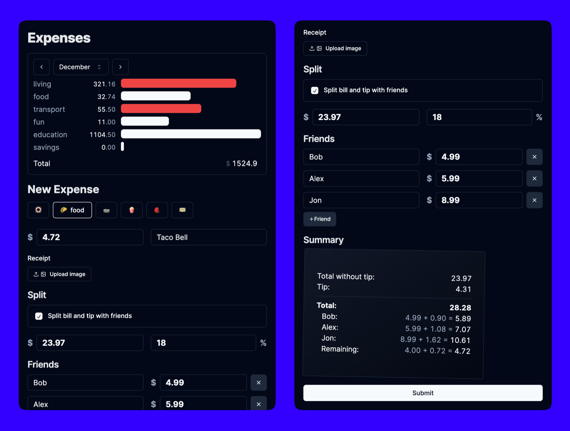 Personal expenses app dark mode