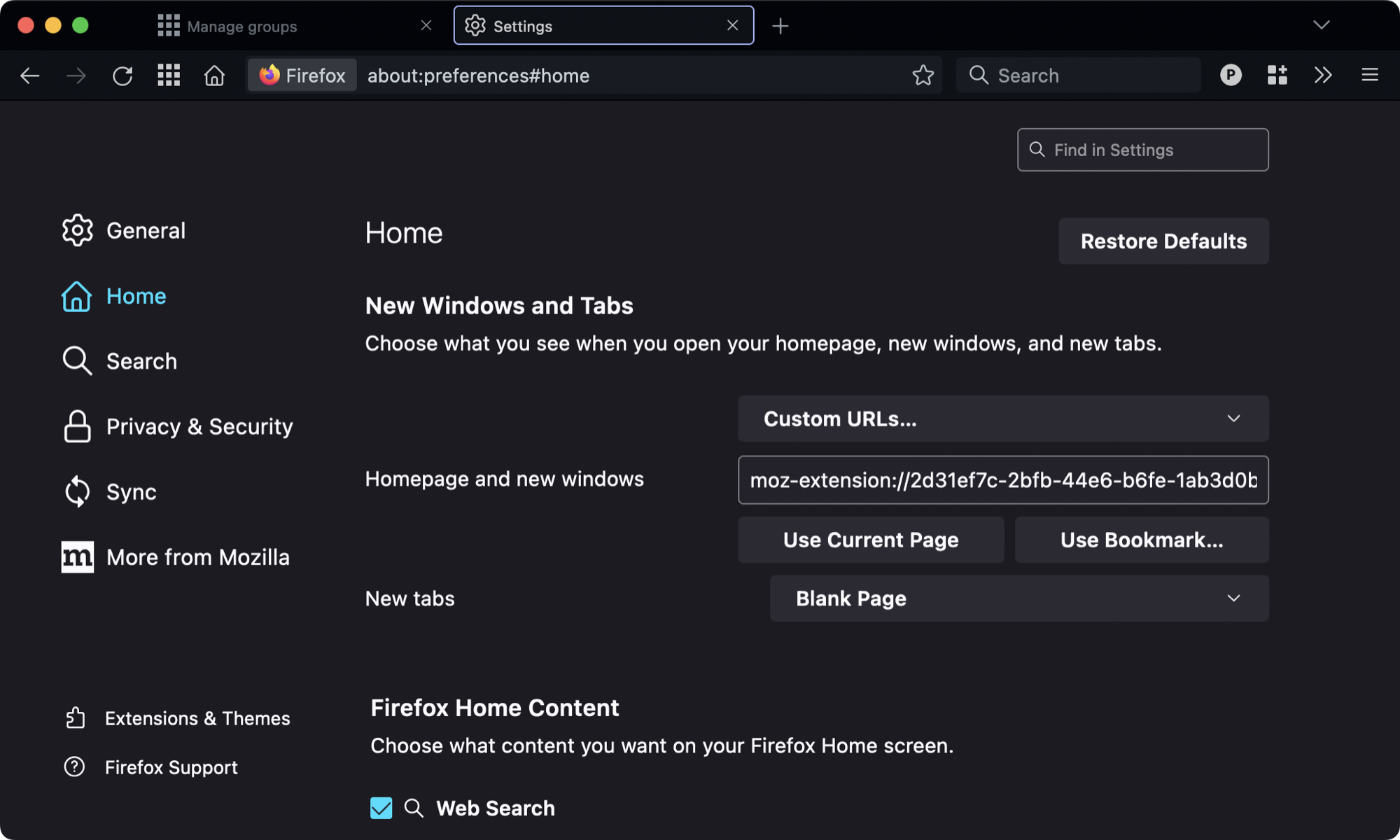 Firefox custom homepage settings