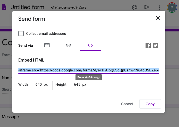 Google Forms send dialog