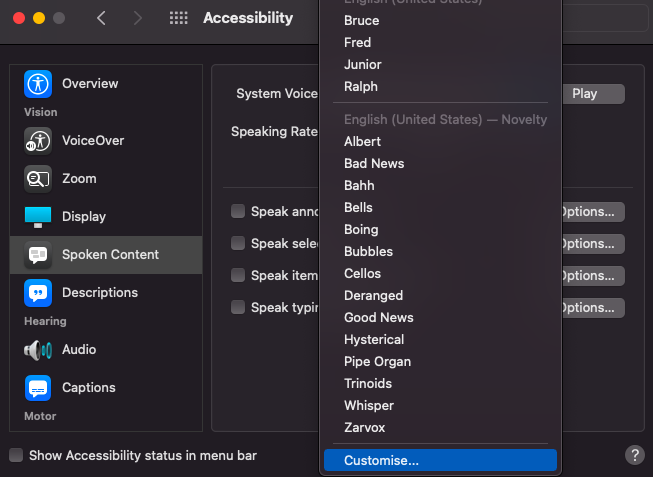 macOS spoken text shortcut settings