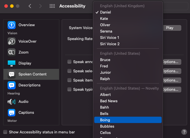 macOS Spoken Content settings