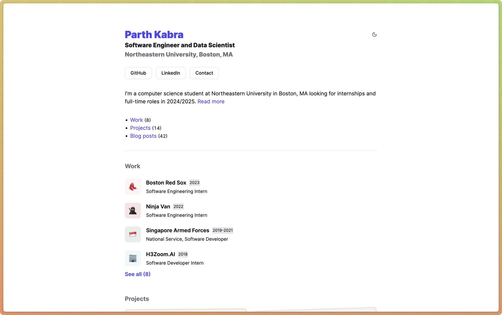 Personal website bento layout