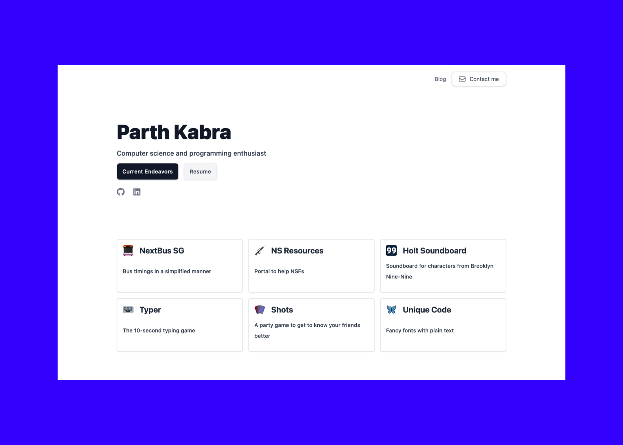 Personal website 2021 homepage